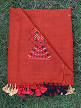 Silk wool woven stole with soof embroidery brick colour stole